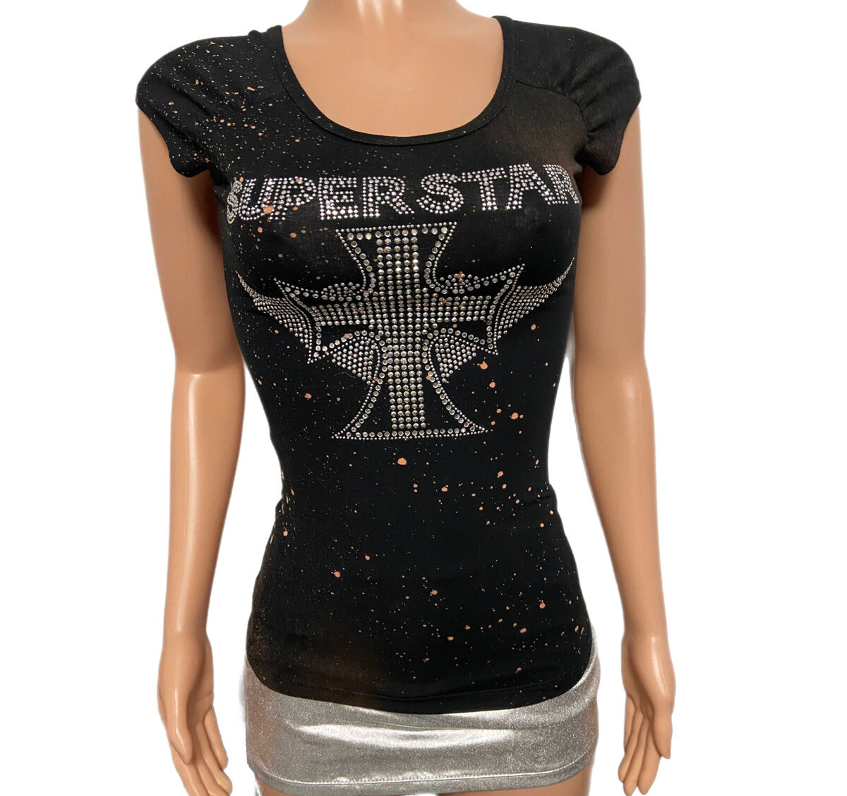 Y2K Black Studded Stones Splatter Dyed Gothic Cross Y2K Black Studded Stones Splatter Dyed Gothic Cross