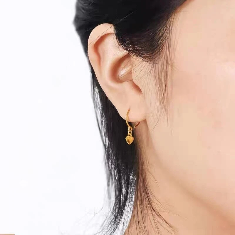 1PC Pure 999 24k Yellow Gold Hoop Women Lucky Circle Heart Dangle Earrings 1.14g - Image 3 of 4