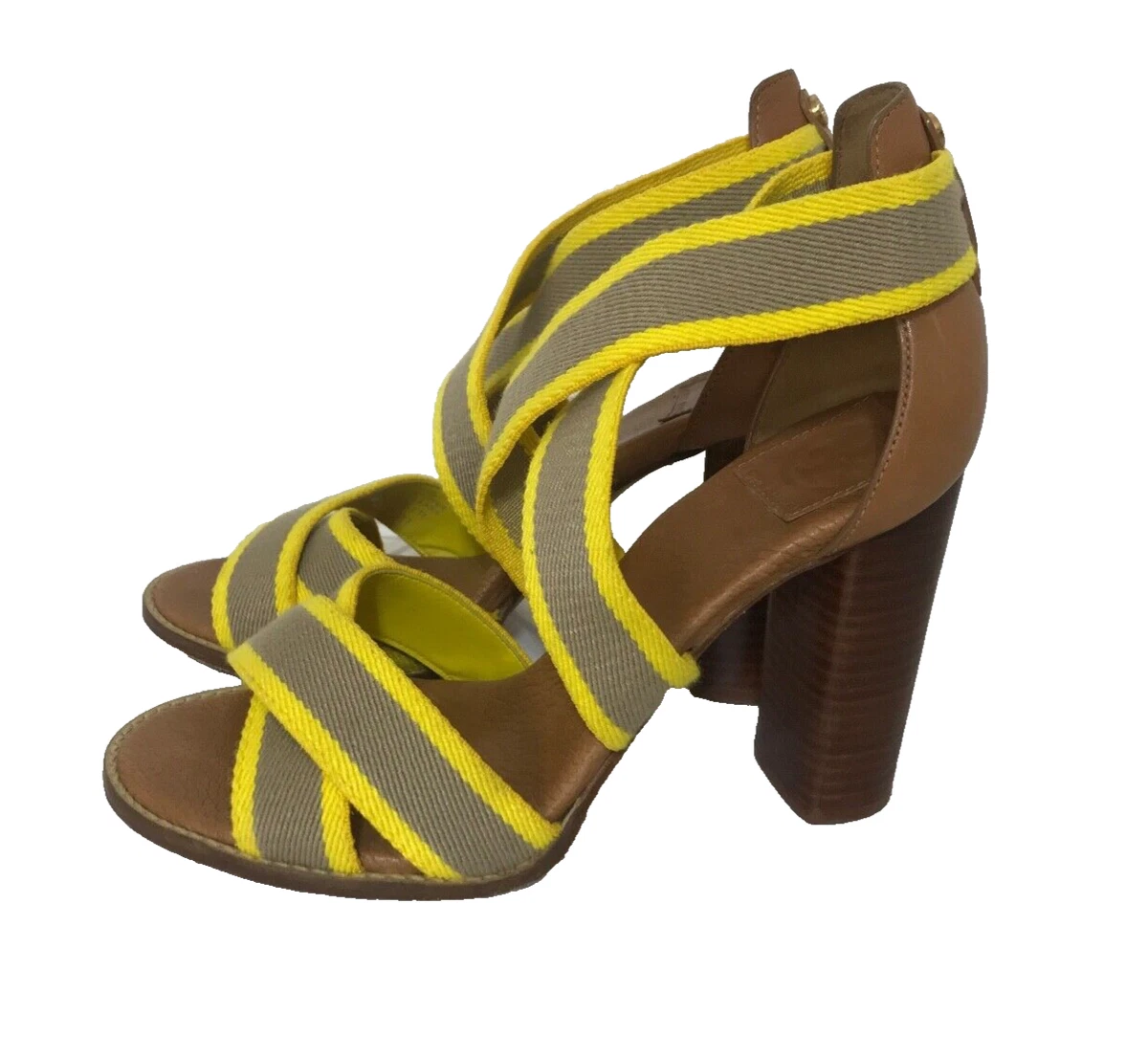Tory Burch Laurie 8.5 Canvas Strap Chunky Yellow High Heel Shoes Sandal