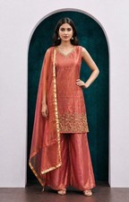 Women Orange Rust-Org Silk Kurta Palazzo Set Dupatta Wear Ethnic Set For Women