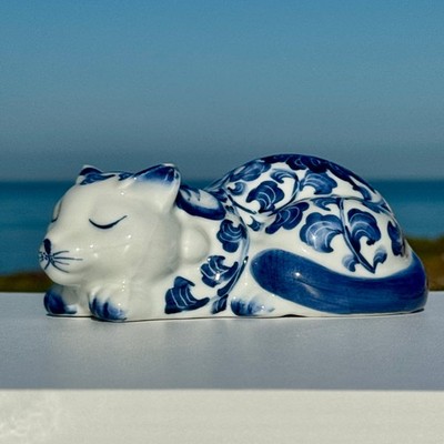 Cat Figurine Blue & White Sleeping Porcelain Coastal Chinoiserie Style Decor