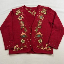 VTG Susan Bristol Red 100 Pure Wool Floral Embroidered Beaded Cardigan Sweater