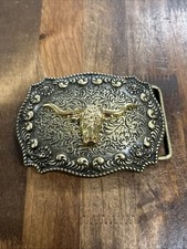 Ornate Texas Longhorn Head Western Cowboy Vintage Two Tone Belt Buckle
