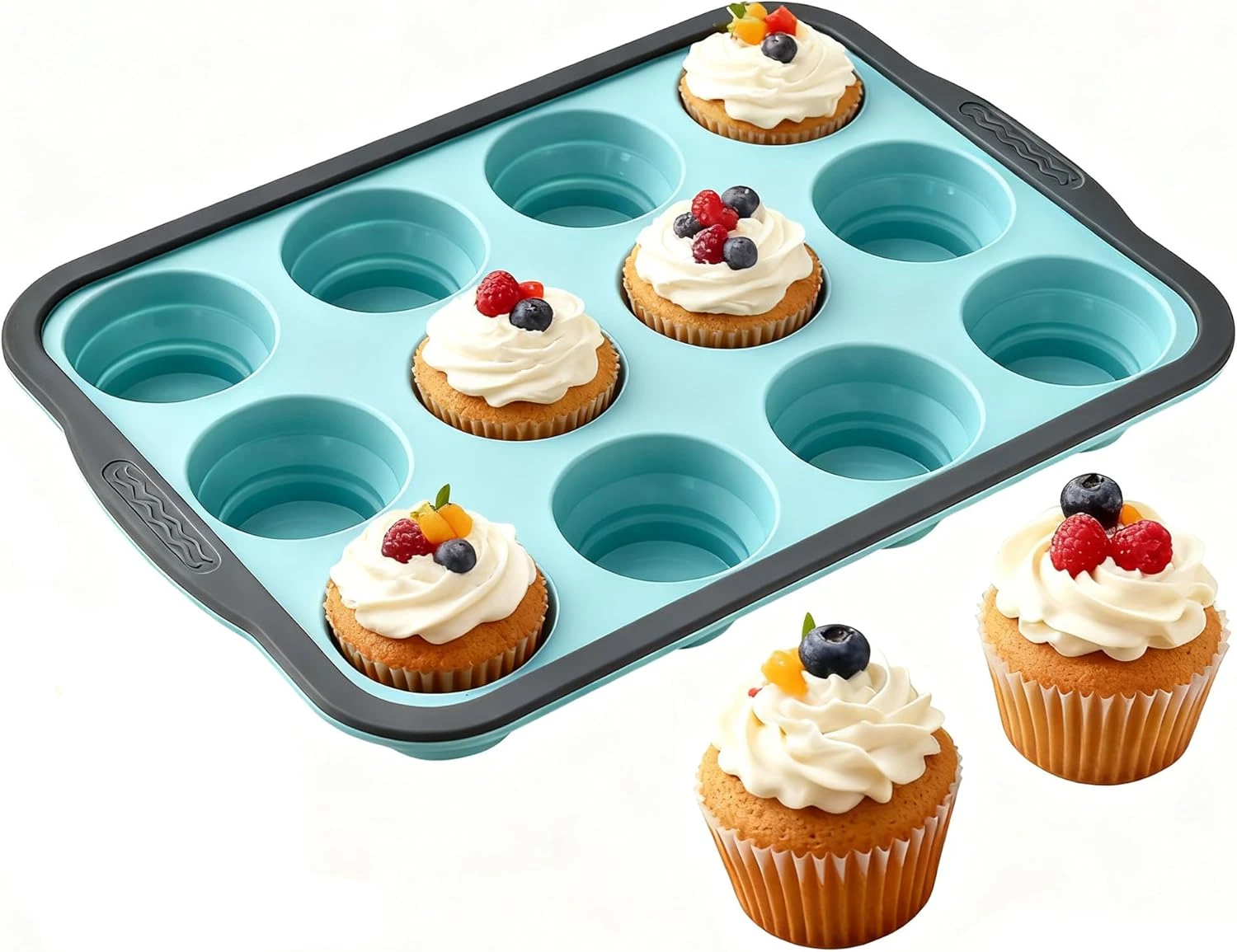 Silicone Muffin Pan for Baking with Metal Frame， Nonstick Cupcake Pan， 12 Cup Ba