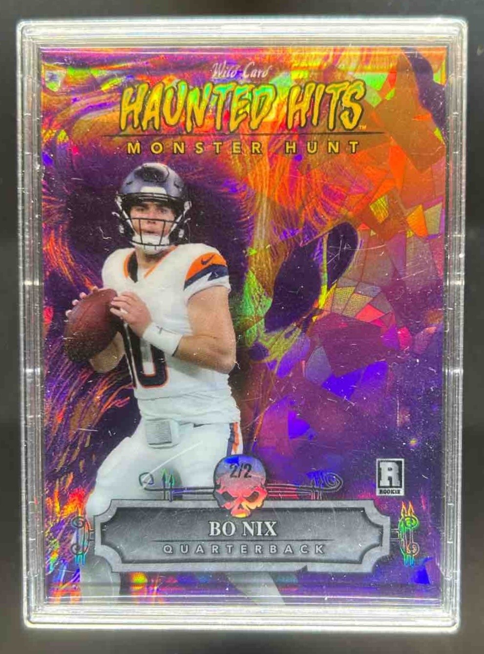 Bo Nix Wild Card Haunted Hits Monster Hunt Hobby Turf Monsters Zombie Autographs #BN Crystal Holo Foil-Purple 1/1