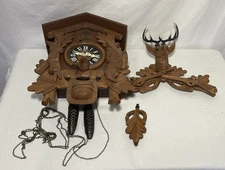 Vintage Germany Black Forest Hunter Style Cuckoo Clock Working Elk Antlers Rabbi