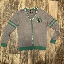 Wizarding World Harry Potter Slytherin crest patch Cardigan Green Gray M EUC