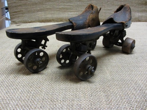 Vintage 1881 Roller Skates w Cast Iron & Wooden Wheels Brass Antique 11365