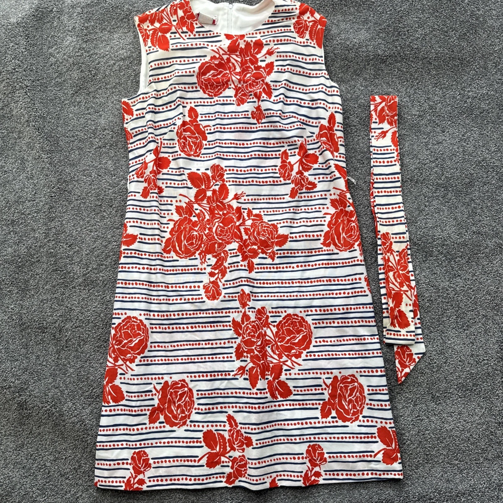 VTG NOS Womens M Checkaberry Dress Sleeveless A Line Belted Floral 60s 70s Midi