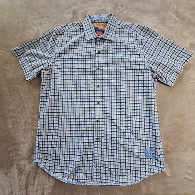 Robert Graham Shirt Mens Large Blue Grid Check Casual Button Short Sleeve