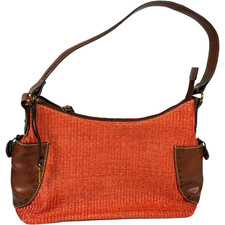 VTG Fossil Rust Orange Straw Thatch Weave w/Brown Leather Shoulder Bag w/Key