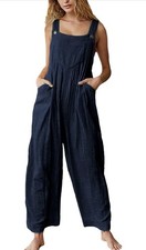 Women's Dual Pocket Jumpsuit Loose Navy Bohemian Wide Leg Bib Overall Medium