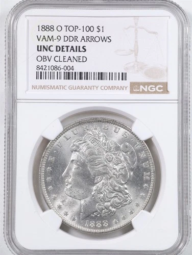 1888-O VAM-9 $1 Morgan Silver Dollar UNC Detail Obverse Cleaned NGC 8421086-004