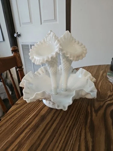 Fenton Milk Glass 3 Horn Diamond Lace Epergne Vase
