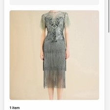BABEYOND Sequin Fringe Embroidered Sheath Midi Dress Green 20s Short Sleeve