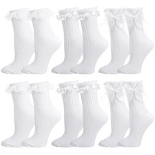 Pairs Lace Ruffle Frilly Crew Socks for Women Girls Cotton 6 White
