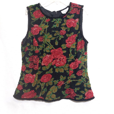 VTG Paradise NY Womens M Beaded Silk Sleeveless Tan Top Slimming Full Back Zip
