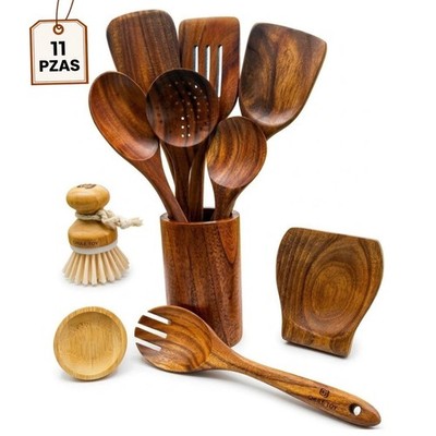 Premium 11pcs Acacia Wood Kitchen Utensil Set - Natural & Non-Stick Safe Cooking