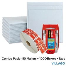 Shipping Combo: 50 8.5x12 Mailers + 1000 Stickers + Packing Tape Set