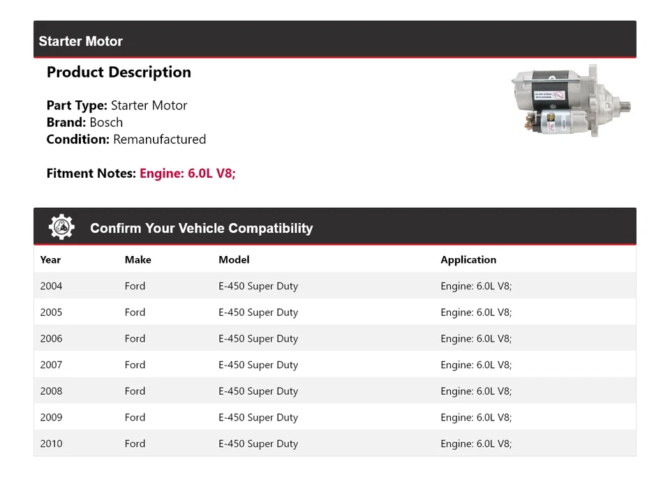 Arranque Bosch V8 6,0 L para Ford E-450 Super Duty 2004-2010 (remanufacturado) 2005 Foto 2 de 4