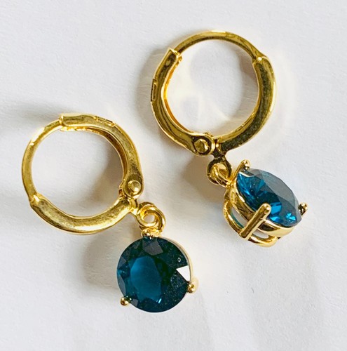 Pendientes colgantes rellenos de oro - aro pequeño - piedra aguamarina profunda EN CAJA DE REGALO - Imagen 8 de 9