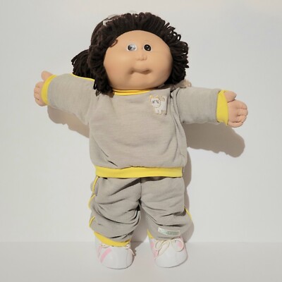 Vtg Cabbage Patch Doll Girl Brown Hair Brown Eyes Cat Outfit Coleco KT 1985 EUC