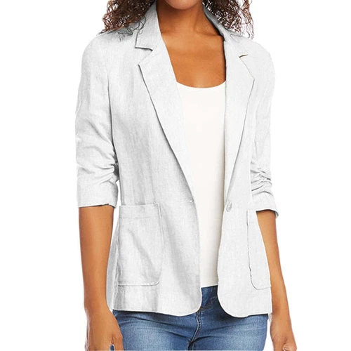 Blazer donna lino casual manica a 3/4 leggero giacca da lavoro tuta con bottoni - Foto 22 di 42