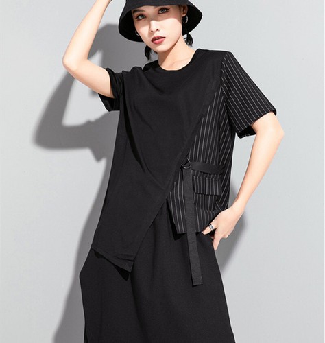Women's Casual Irregular Stripe Short Sleeve T-Shirt button blouse shirt Japanes - Picture 12 of 12