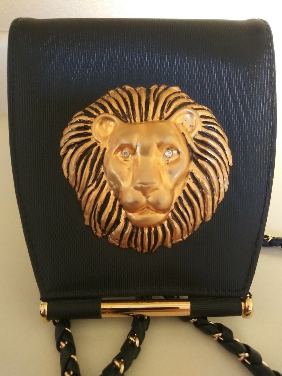 BLACK GOLD TONE LION CAT MEDALLION FABRIC PURSE SATCHEL EVENING
