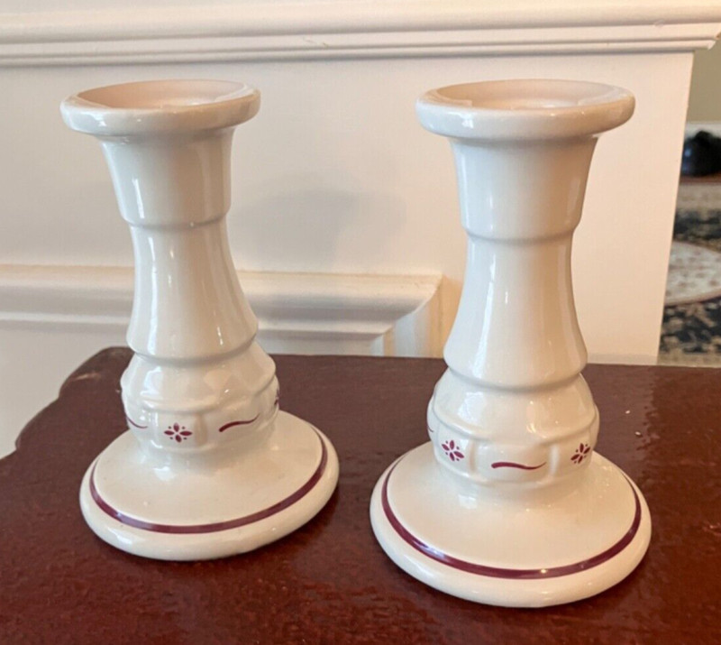 RED Burgundy CANDLESTICKS LONGABERGER Ceramic Woven Traditions 5” USA Made