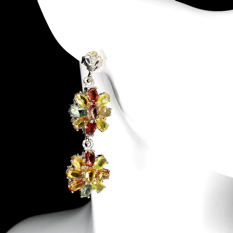 Pendientes de plata de ley 925 ovalados flor de zafiro piedras preciosas naturales joyería Foto 2 de 4