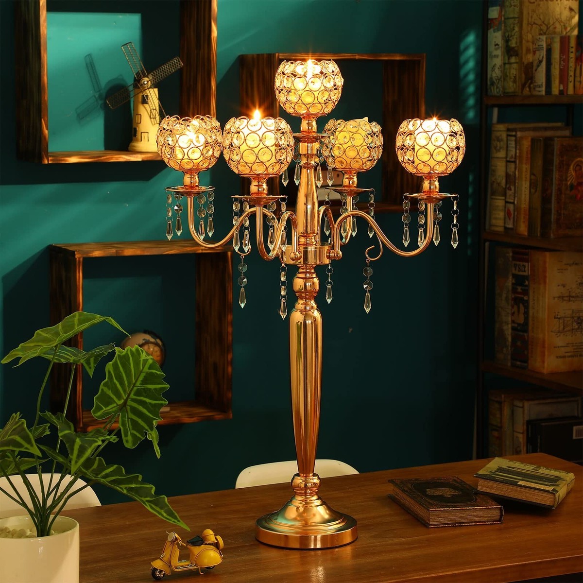 2 Gold Crystal Candelabras – 29.5" Tall 5-Arm Candle Holders For Weddings, Dining, & Decor