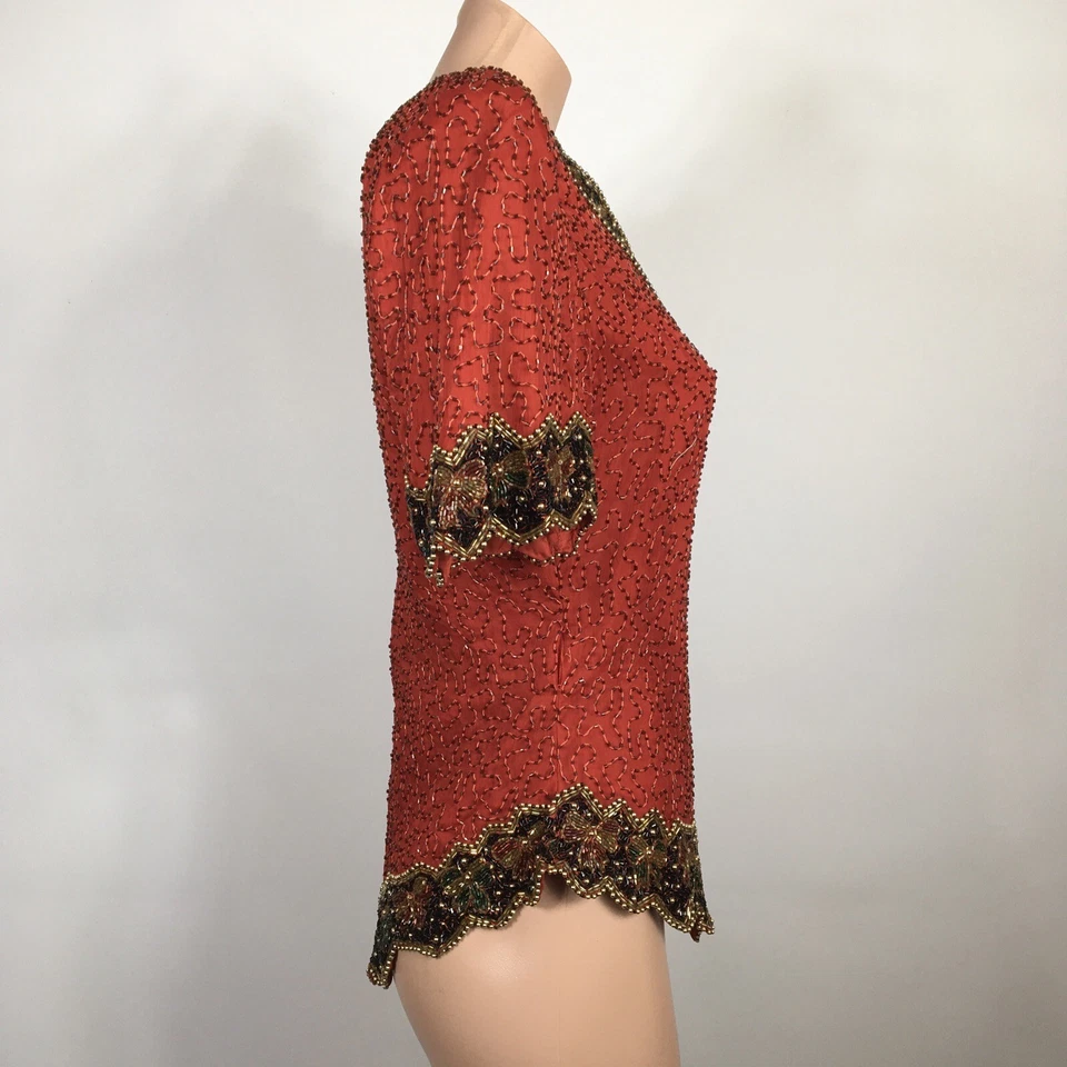 Laurence Kazar Red Gold Flapper Beaded Evening Formal Silk SEQUIN Gatsby VTG S - Image 4 of 4