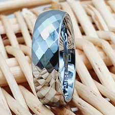 Womens 6mm Multi-Faceted Wedding Band High Polished Silver Tungsten Wedding Ring