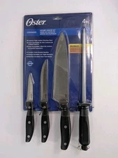 New Oster Granger Black Handled 4 Piece Cutlery Knife Starter Set With Sharpener