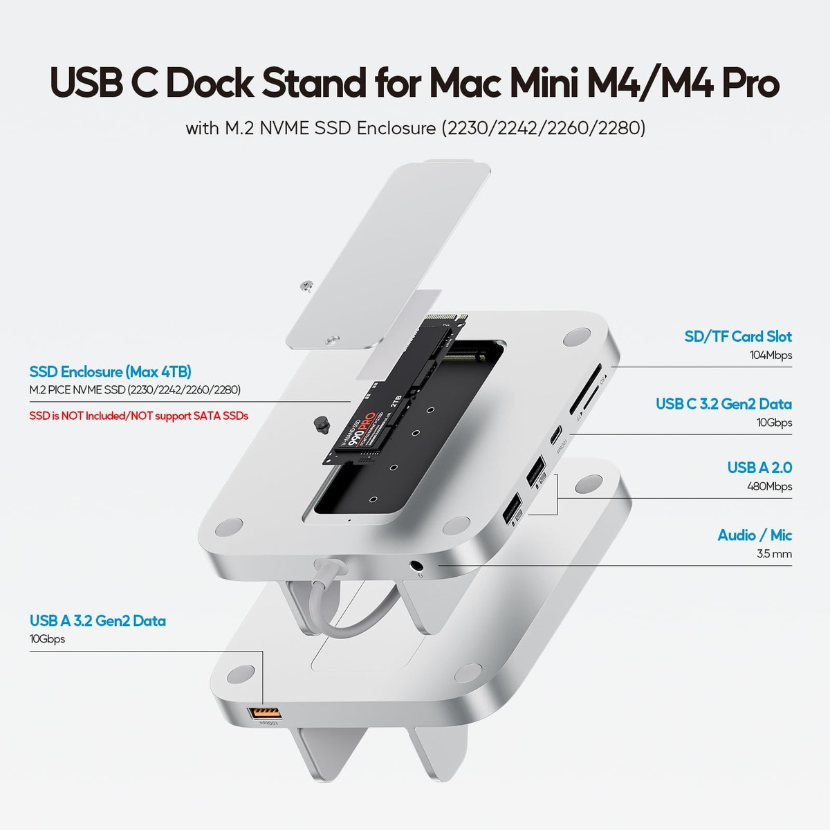 PULWTOP Mac mini M4 Dock with 4TB M.2 SSD Enclosure, 8-in-1