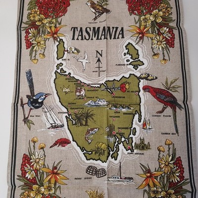Tasmanien Karte Baumwolle Geschirrtuch Vintage Staat Wildtiere Blumen Vögel Australien