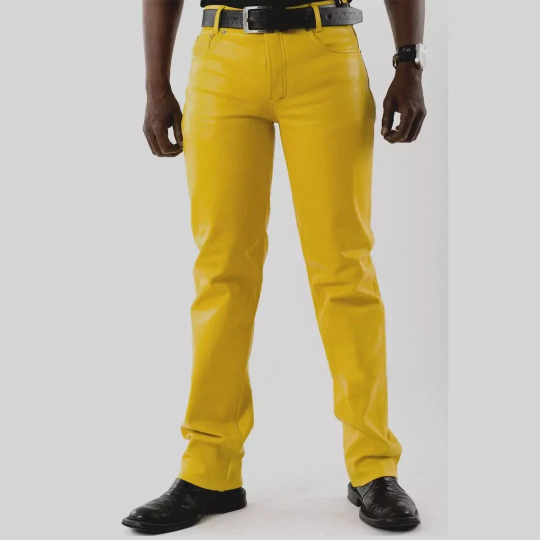 Men's Real Sheepskin Leather Bikers 5 Pockets Yellow Leather Style Pants