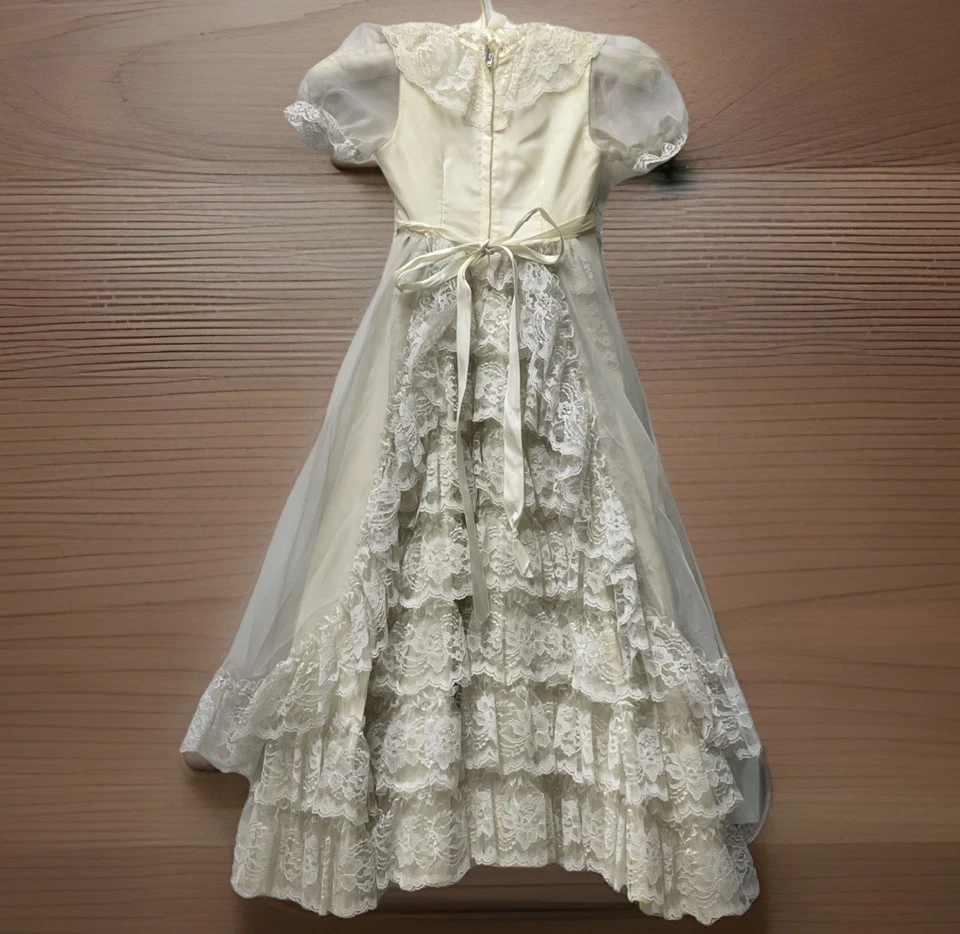 Vestido de encaje vintage vestido niñas 3 cintas marfil volantes boda retrato concurso Foto 2 de 4