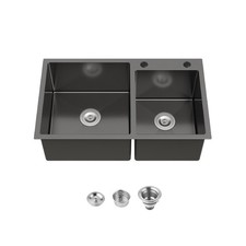 Stainless Kitchen Sink,32  x19  Double Bowl in Black, Overmount Handmade Sink