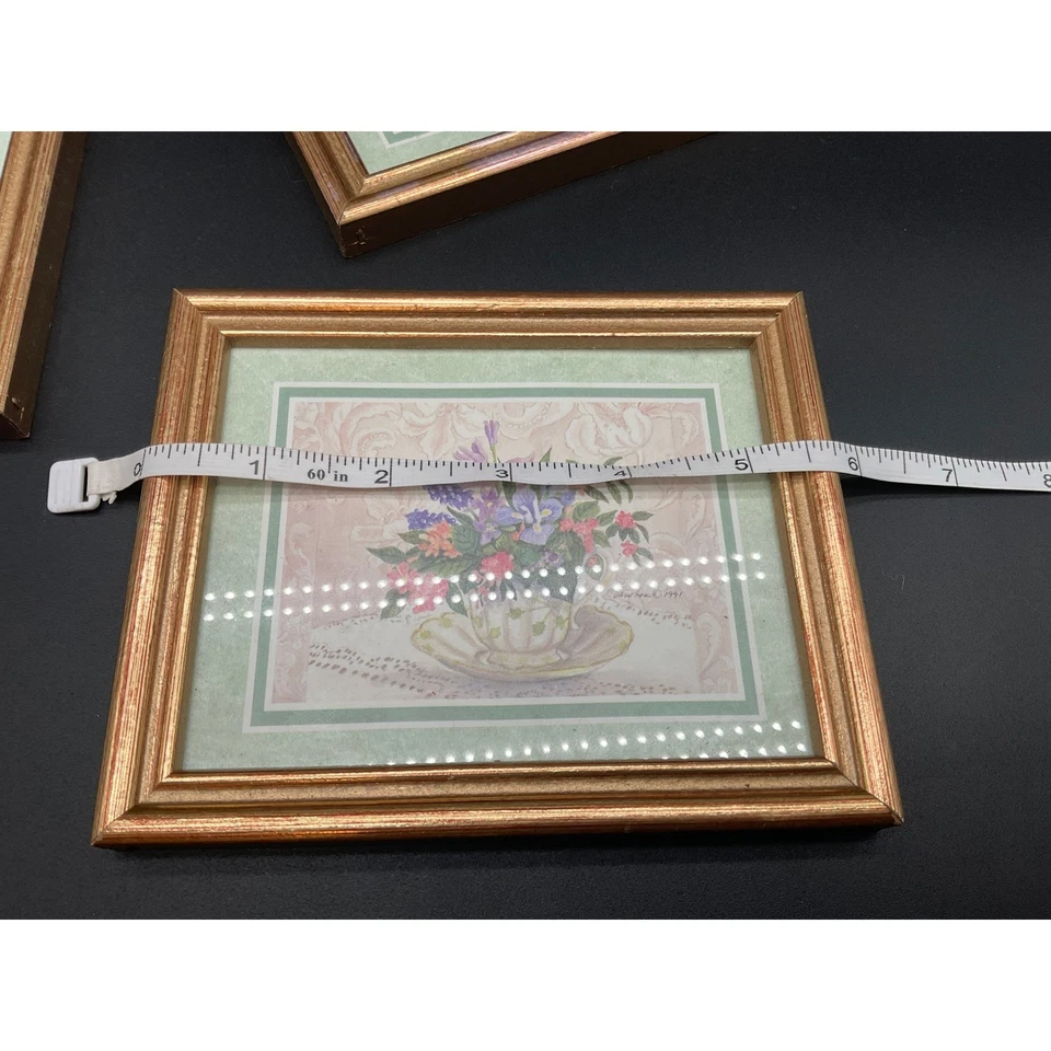 Framed Floral Teacup Print Set by Deborah Jones 1991 Pastel Gold Frames - Image 4 of 4
