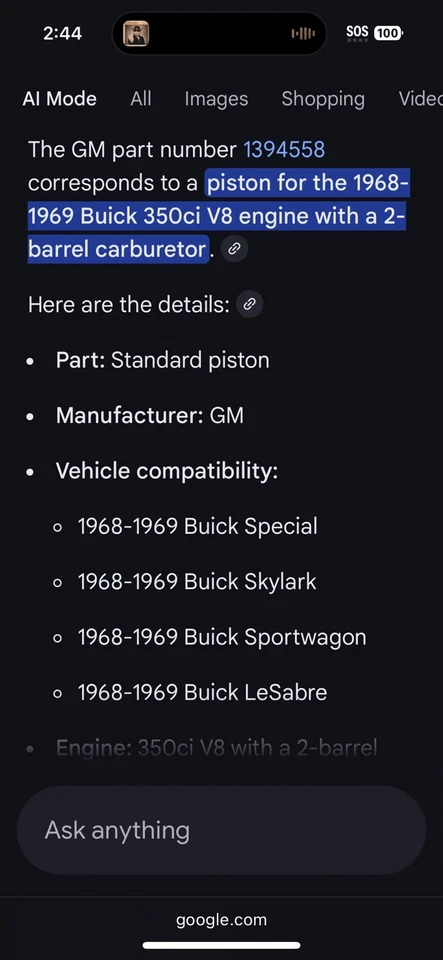 BUICK 1394558 1968-1969; SKYLARKSPORTWAGON & LESABRE CON 350ci 2 barriles Foto 2 de 4