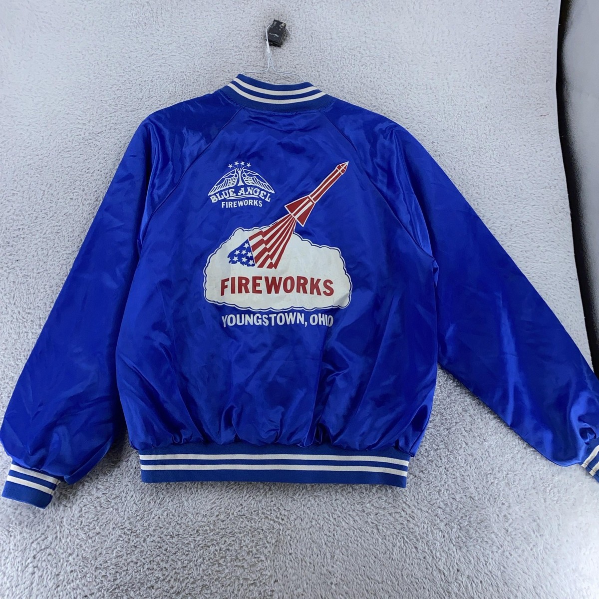 Vintage Blue Angel Fireworks Satin Bomber Jacket Mens Large