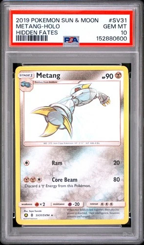 2019 POKEMON SUN & MOON HIDDEN FATES #SV31 METANG-HOLO PSA 10