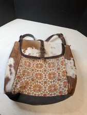 Myra Bag Backpack Hairon Cow Leather Flower Design Fabric Pockets Adjustable