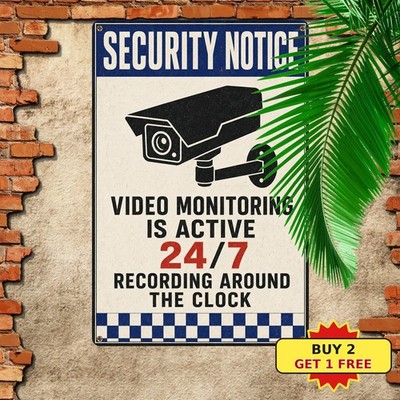 CCTV Camera Silhouette Icon Security Surveillance Warning Sign Metal Tin Sign