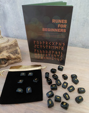 Black Jasper Crystal Rune Stone Set 25 Engraved Black Jasper & 28 Page Handbook