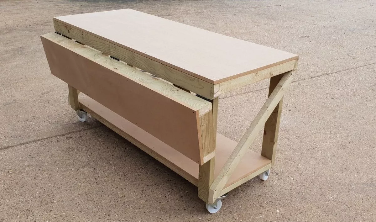 Workbench With Folding MDF Top Wooden Industrial Garage Mobile Table With Wheels