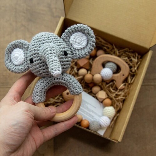 Crochet Toy Handmade Rattle Toy Wooden Baby Toy Bunny Rattle Hippo Toy Teddy Set - Picture 9 of 14