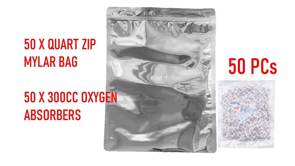 50PC 1 Quart Mylar Bags Zip Seal Reusable Food Storage 300CC